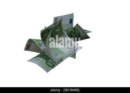 Grand nombre de billets volant de 100 euros dans l'air chute. Image détaillée sur fond blanc Banque D'Images