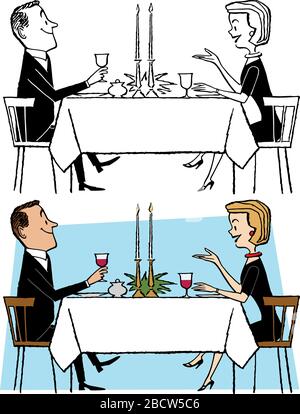 Un dessin animé d'un couple à la date d'un dîner dans un restaurant. Illustration de Vecteur