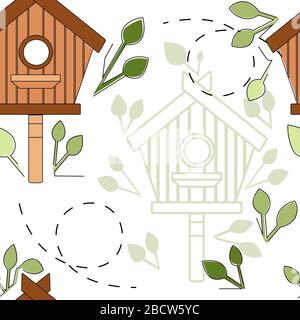 Modèle sans couture de boîte creuse sur poteau en bois de bois de birdhouse illustration vectorielle plate sur fond blanc avec des feuilles vertes Illustration de Vecteur