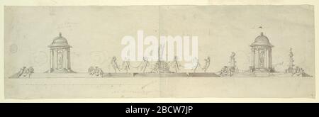 Conception pour une pièce maîtresse de table de surface. Recherche dans l'ensemble fontaine Progressa, avec une statue de déesse féminine au centre, entouré d'un cercle de six nymphes dansantes reliées à des guirlandes fleuries, flanquées de deux superstructures bombées de huit colonnes autour de statues de déesses. Conception pour une pièce maîtresse de table de surface Banque D'Images