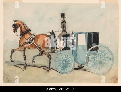 Le Brougham bleu. Recherche dans le rectangle Progresshorizontal. un brougham bleu dessiné par un cheval marron châtaignier portant un harnais noir avec des fixations argentées. Coachman conduisant le chariot en noir; fond gris-bleu. Le Brougham bleu Banque D'Images