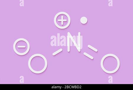 Molécule de pollution atmosphérique de dioxyde d'azote (NO2). Composé radical libre, également appelé NOx. Formule du squelette. Banque D'Images
