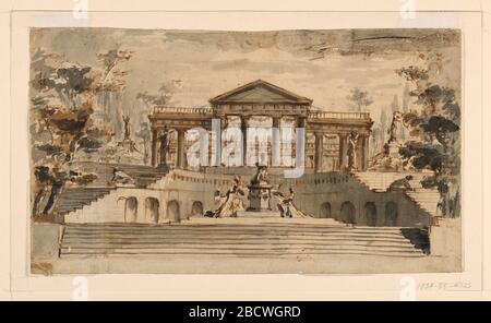 Scène Design Open Temple dans un jardin. Recherche en ProgressDesign pour une conception de phase. Un vol d'escaliers mène à une plate-forme sur laquelle trois figures féminines décorent une statue de déesse. La plate-forme est flanquée de vols d'escaliers menant à l'atrium d'un temple. Le temple semble ne pas avoir de toit. Scène Design Open Temple dans un jardin Banque D'Images