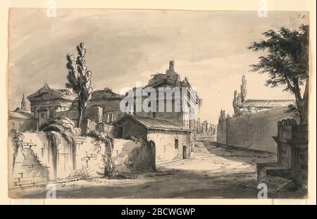 Conception de scène bâtiments antiques. Recherche dans le rectangle Progresshorizontal. Rue entre les murs bordés de bâtiments anciens en partie en ruines. Lettres grecques sur la pierre en bas à droite. Conception de scène bâtiments antiques Banque D'Images