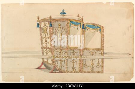 Design pour une chaise de berline. Recherche dans ProgressShown à partir de l'angle arrière avec porte ouverte. Un point avec des charnières se trouve au milieu du toit, sroulent aux coins. Des glands y sont accrochés. Les panneaux sont encadrés par des vignes avec un poteau et défile. Design pour une chaise de berline Banque D'Images