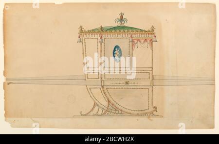 Design pour une chaise de berline. Recherche dans ProgressShown à partir du coin arrière droit avec deux barres. Les panneaux sont décorés avec des cadres de guirlandes. Un médaillon ovoïde avec un Cupid est au centre du panneau à côté de la fenêtre. Les glands pendent des coins et entre la fenêtre et le panneau voisin. Design pour une chaise de berline Banque D'Images