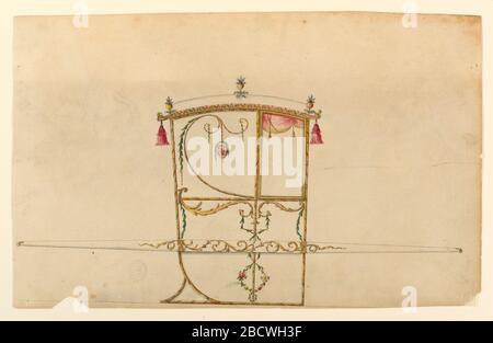 Conception d'une chaise de berline. Recherche dans ProgressShown en profil, tourné vers la droite, avec un bar. Les grenades se tiennent au centre et aux coins du toit. Les glands pendent dans les coins supérieurs. Conception d'une chaise de berline Banque D'Images