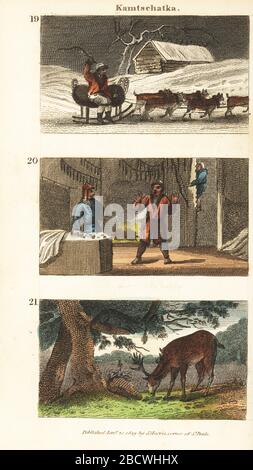 Vues historiques de Kamchatka. Koryak homme sur un traîneau tiré par des chiens 19, intérieur d'une cabane de Koryak 20, et de la fleche ou du carcajou, Gulo gulo, chasse un cerf 21. Gravure en copperplate de couleur à la main des scènes du Rév. Isaac Taylor en Asie, pour le divertissement et l'instruction des voyageurs de Little tarry-at-Home, John Harris, Londres, 1819. Banque D'Images