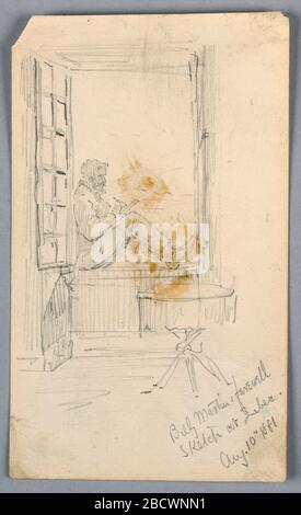 Billy Martin au Québec. Recherche en progression Profil de l'homme barbu assis, face à droite, par une fenêtre ouverte, esquisse; table ronde inférieure droite. Billy Martin au Québec Banque D'Images