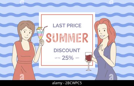 Modèle de bannière vectorielle de vente d'été. Jeunes femmes souriantes tenant des verres avec du vin rouge et des mains de cocktail vecteur dessin animé illustration. Offre spéciale, concept de design de prospectus à prix réduit. Illustration de Vecteur