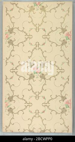 Papier de plafond. Recherche en ProgressLarge quatre médaillons de défilement à quatre pointes avec centre de bouquet de roses et vining reliés par des perles de swag et des fleurs de swag. Crème mouillée. Imprimé en pinks, verts, blancs, mica or et mica or foncé. Imprimé en bord de selvEDGE : papier de plafond « Standard Papers » Banque D'Images