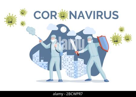 Modèle de bannière coronavirus. Travailleurs médicaux dans des masques et costumes de protection contre le coronavirus avec sprays et illustration plate vectorielle à écran plat. Éclosion de Covid-19, affiche pandémique. Illustration de Vecteur