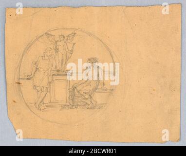 Esquisse pour un panneau rond ou une fenêtre. Recherche dans les figures classiques ProgressTwo, avec une figure féminine assise à droite et une figure masculine à gauche. Centre, statue de Mercure sur un piédestal. Verso : deux bords ont traversé, dans le stylo et l'encre noire, la crayon et le graphite. Esquisse pour un panneau rond ou une fenêtre Banque D'Images