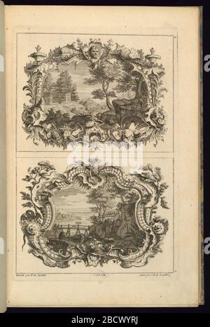 Design pour deux touches. La recherche en ProgressRocaille touche les paysages. La bordure de la cartouche inférieure, en partie composée de treillis, s'inspire d'un imprimé de Gabriel Huquier (voir Egger/Berliner 1296). Design pour deux touches Banque D'Images