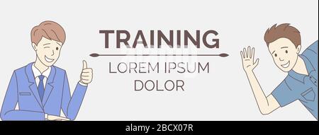 Modèle de bannière vectorielle de formation. Jeunes hommes montrant des pouces vers le haut et agitant bonjour dessin animé personnage de contour. Formation des travailleurs d'entreprise, conception d'affiches de coaching avec typographie. Illustration de Vecteur