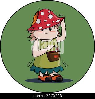 Une fille vêtue d'un chapeau de champignon et d'une robe verte tenant un panier Illustration de Vecteur