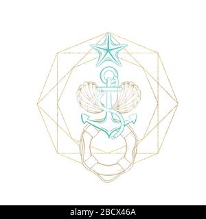 Ancre marine et logo d'esquisse de bouée dans un cadre de ligne mince en cristal géométrique doré, conception de l'arrangement vectoriel. Coque seastar symétrique océan. Gravure en bordure dorée avec texture en feuille, marine sous-marine Illustration de Vecteur