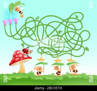 Jeu de labyrinthe et puzzle pour les enfants et les enfants. Des abeilles mignonnes attendent des gouttes d'eau. Jeu de labyrinthe simple et facile pour les enfants et les enfants Illustration de Vecteur