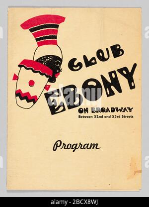 Programme pour Club Ebony. Un programme du Club Ebony. Le programme est une seule feuille de papier crème lourd qui se plie en deux. L'avant présente une illustration noire et rouge d'un tambour de conga et de la tête de femme imprimée dans le coin supérieur gauche. La femme est représentée dans le profil. Programme pour Club Ebony Banque D'Images