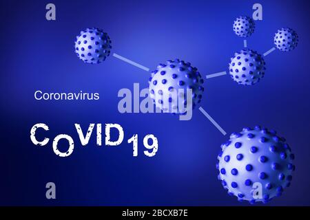 Bannière Coronavirus COVID-19, illustration tridimensionnelle. Germes de la maladie COVID sur fond bleu. Épidémie mondiale mortelle de virus corona du SRAS-CoV-2. Affiche avec COVI Banque D'Images