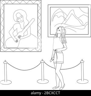 Illustrationvectorielle dans un style linéaire sur un fond blanc - fille dans le musée, dans la galerie d'art. Pour le design couvre les ordinateurs portables, les nappes Illustration de Vecteur
