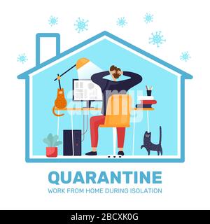 l'homme est assis à l'ordinateur avec des chats sur un fond blanc à la maison de l'isolation illustration vectorielle Illustration de Vecteur