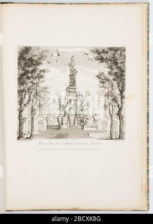 Projet dun feu d'artifice dans une assiette de jardin 114 dans des oeuvres de JusteAurle Meissonnier œuvres de JusteAurle Meissonnier œuvres de JusteAurle Meissonnier. Recherche dans ProgressGarden avec de grands arbres et façade de palais en arrière-plan. Les escaliers mènent à une structure exotique de type obelisque composée de pierre avec des palmiers, des figures tenant des oiseaux; ci-dessus, la structure est arrondie pagode-comme obelisque avec des vignes et des figures ailées. Projet dun feu d'artifice dans une assiette de jardin 114 dans des oeuvres de JusteAurle Meissonnier œuvres de JusteAurle Meissonnier œuvres de JusteAurle Meissonnier Banque D'Images