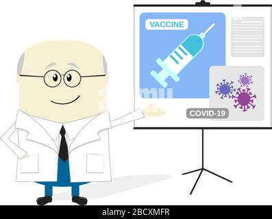 illustration de dessin animé d'un scientifique présentant le vaccin contre le coronavirus. Isolé sur fond blanc Illustration de Vecteur