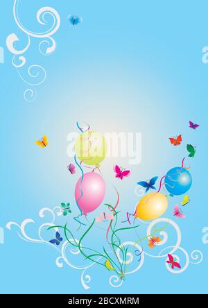 modèle bleu avec ballons et papillons été fête Illustration de Vecteur
