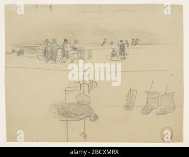 Scène de plage avec des femmes transportant des paniers Cullercoats Angleterre. Recherche en progression vue horizontale d'une plage avec des femmes transportant des paniers, en attendant le retour d'une flotte de pêche, montré en direction de la rive sur la partie supérieure de la feuille, et des croquis de trois bateaux et d'une femme avec un panier sur la partie inférieure de la feuille. Scène de plage avec des femmes transportant des paniers Cullercoats Angleterre Banque D'Images