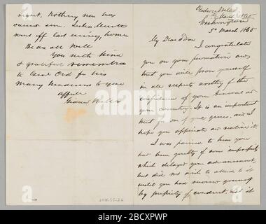 Lettre du secrétaire Gideon Welles à son fils Thomas. C'est une lettre personnelle de Gideon Welles à son fils Thomas. Il s'agit d'une lettre bifolio écrite à l'encre sombre sur du papier blanc cassé. La lettre est datée en haut à droite:[Washington / 5 mars 1865] et commence [Mon cher Tom]. Lettre du secrétaire Gideon Welles à son fils Thomas Banque D'Images