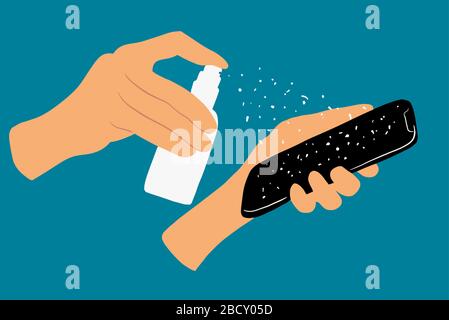 Désinfection du téléphone portable avec un désinfectant dans le spray, gros plan sur les mains sur un fond coloré. Illustration vectorielle dans un style de dessin animé plat Illustration de Vecteur