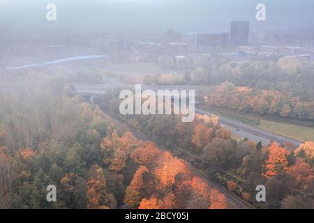 Vue aérienne sur Central Telford au matin d'automne de la momie au Royaume-Uni Banque D'Images