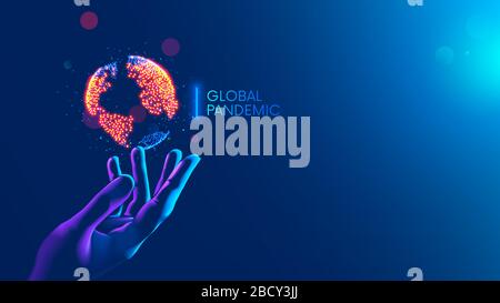 Concept de pandémie mondiale. Les points rouges montrent le nidus de l'infection sur les continents de la terre penchant sur le médecin de main. Carte du coronavirus de l'épidémie mondiale Illustration de Vecteur