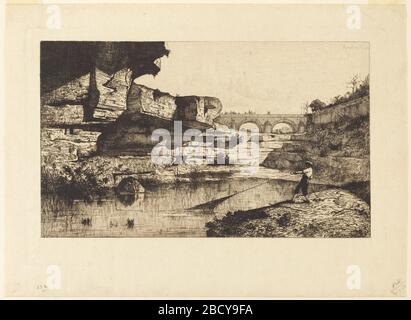 Pont de Hauteville. Recherche dans ProgressLandscape avec une rivière qui traverse le premier plan et à la distance. Sous l'ombre de grandes roches, un pêcheur transporte dans un grand filet. En arrière-plan, des figures, certaines à cheval, traversent un pont en pierre à double arqué. Pont de Hauteville Banque D'Images