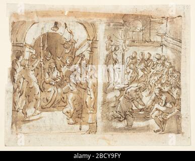 Recto gauche le Mocking de Christ Recto droit Christ lavant les pieds des Apôtres Verso exécution de Marie Stuart Reine d'Écosse en 1587. Recherche dans ProgressVerso: La Reine repose sur son dos, son cou reposant sur un bloc d'exécution. Un homme la lie. Le bourreau soulève une hache. Deux hommes se tiennent sur l'échafaudage, d'autres s'agenouillent à gauche, à côté. Deux femmes s'agenouillent à côté de la Reine, formant un oblong. Recto gauche le Mocking de Christ Recto droit Christ lavant les pieds des Apôtres Verso exécution de Marie Stuart Reine d'Écosse en 1587 Banque D'Images