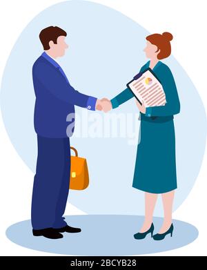 Handshake Man dans UN costume d'affaires et femmes illustration vectorielle de la collection de bureau. Illustration de dessin animé isolé sur blanc Illustration de Vecteur