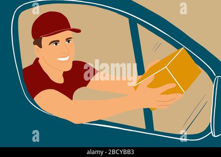 Homme livrant des marchandises aux clients sur un véhicule de fret, coursier beau regardant la fenêtre de voiture avec un colis. Illustration vectorielle colorée dans un style de dessin animé plat Illustration de Vecteur