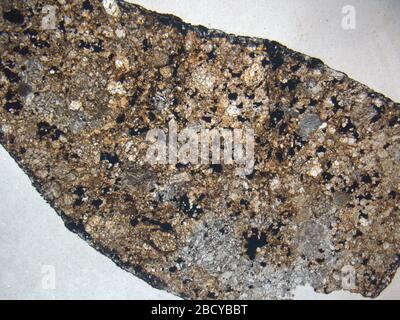 Micrographe de la météorite ALHA81056,1 sous lumière polarisée en plan avec un agrandissement de 1,25 x. ALHA810561 Banque D'Images