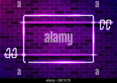 Cadre de cotation carrée avec des marques de signe néon brillant ou de lumière de bande LED. Illustration vectorielle réaliste. Mur de briques violettes, lueur violette, supports métalliques. Illustration de Vecteur
