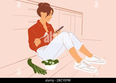 Jeune femme assise avec téléphone au rez-de-chaussée de la cuisine, manger de la salade tout en se reposant à la maison. Concept de saine alimentation et de style de vie. Illustration vectorielle colorée dans un style de dessin animé plat Illustration de Vecteur