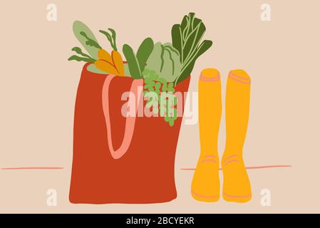 Bottes en caoutchouc jaune et sac à provisions plein de nourriture fraîche sur le fond. Illustration vectorielle colorée dans un style de dessin animé plat Illustration de Vecteur