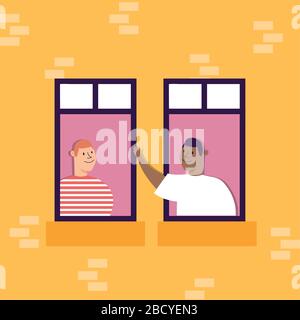 les personnes en quarantaine penchent hors des fenêtres du bâtiment Illustration de Vecteur