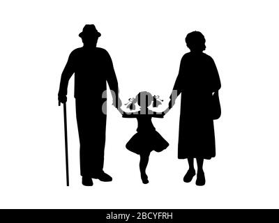 Silhouettes de grands-parents marchant avec la petite-fille. Icône graphique d'illustration Illustration de Vecteur