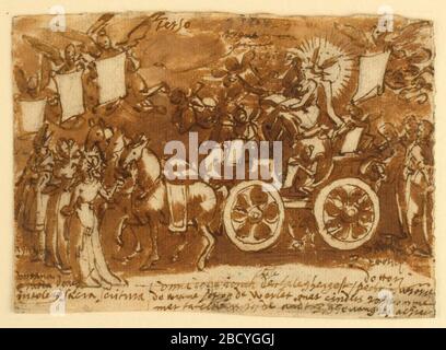 Page d'un croquis Chariot et trois chevaux. Recherche dans le rectangle Progresshorizontal. Un char dessiné par trois chevaux. Dans le char, une figure féminine tenant un livre ouvert; une colombe entourée de rayons est assise sur son épaule. Précédant ou dirigeant les chevaux sont deux femmes et un évêque dans ses robes. Ci-dessus: 'Terzo.' Page d'un croquis Chariot et trois chevaux Banque D'Images