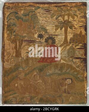Photo brodée. Recherche en ProgressRectangle image brodée montrant Christ priant dans le jardin de Gethsemane à la veille de sa crucifixion. Trois apôtres endormis en premier plan, un ange se déplace au-dessus de pétrir le Christ dans le milieu du sol. Arbres et bâtiments en arrière-plan. Photo brodée Banque D'Images
