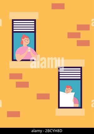 les personnes en quarantaine penchent hors des fenêtres du bâtiment Illustration de Vecteur