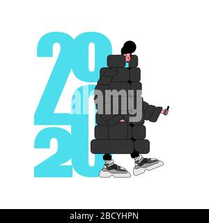 Année 2020 modèle homme élégant Sneakers hautes consolées et grosse veste en duvet. Russie tendance de la mode Illustration de Vecteur