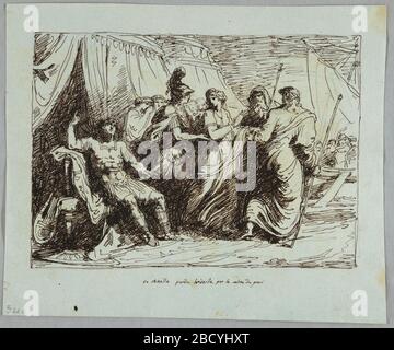 Achille donne des Briseis. Des recherches sur ProgressAchilles ont montré assis devant sa tente, remplie de colère. Patroclus livre la jeune fille à deux messagers d'Agamemnon. Partie du bateau à voile affichée dans le plan central droit. Achille donne des Briseis Banque D'Images