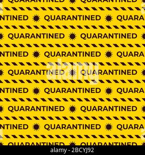 Motif vectoriel transparent mis en quarantaine avec rubans rayés. Symbole coronavirus. Couleur jaune et noire. Texture d'avertissement de surface de conception avec texte. Illustration de Vecteur